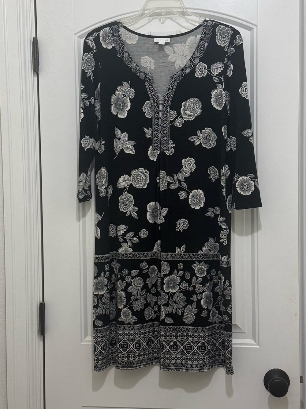 J. Jill Black White Floral 3/4 Sleeve Dress - Womens Small
